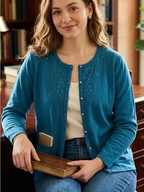 La Madona Teal Beaded Floral Embellished Cardigan Sweater Grandmacore Preppy